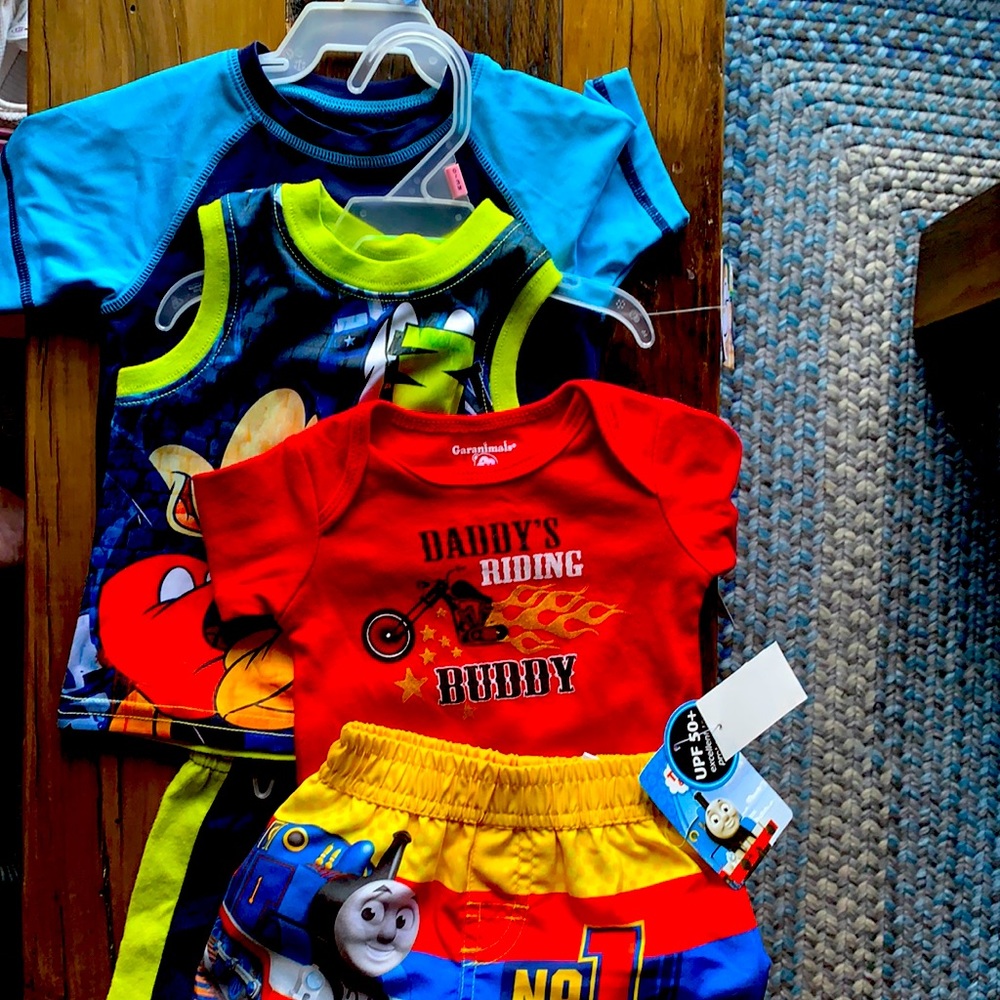 NEW 0-3 months. Daddy’s Buddie Onsie, Swim Trunks, MICKEY outfit, Shirt . $17